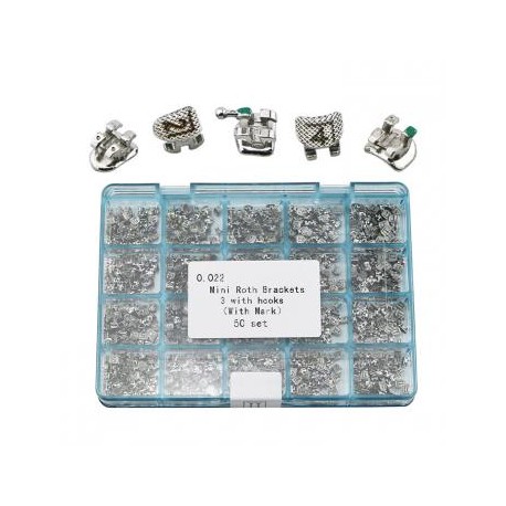 50 cajas de ortodoncia metal brackets tirantes Mini Roth 022 3 Ganchos Con Láser